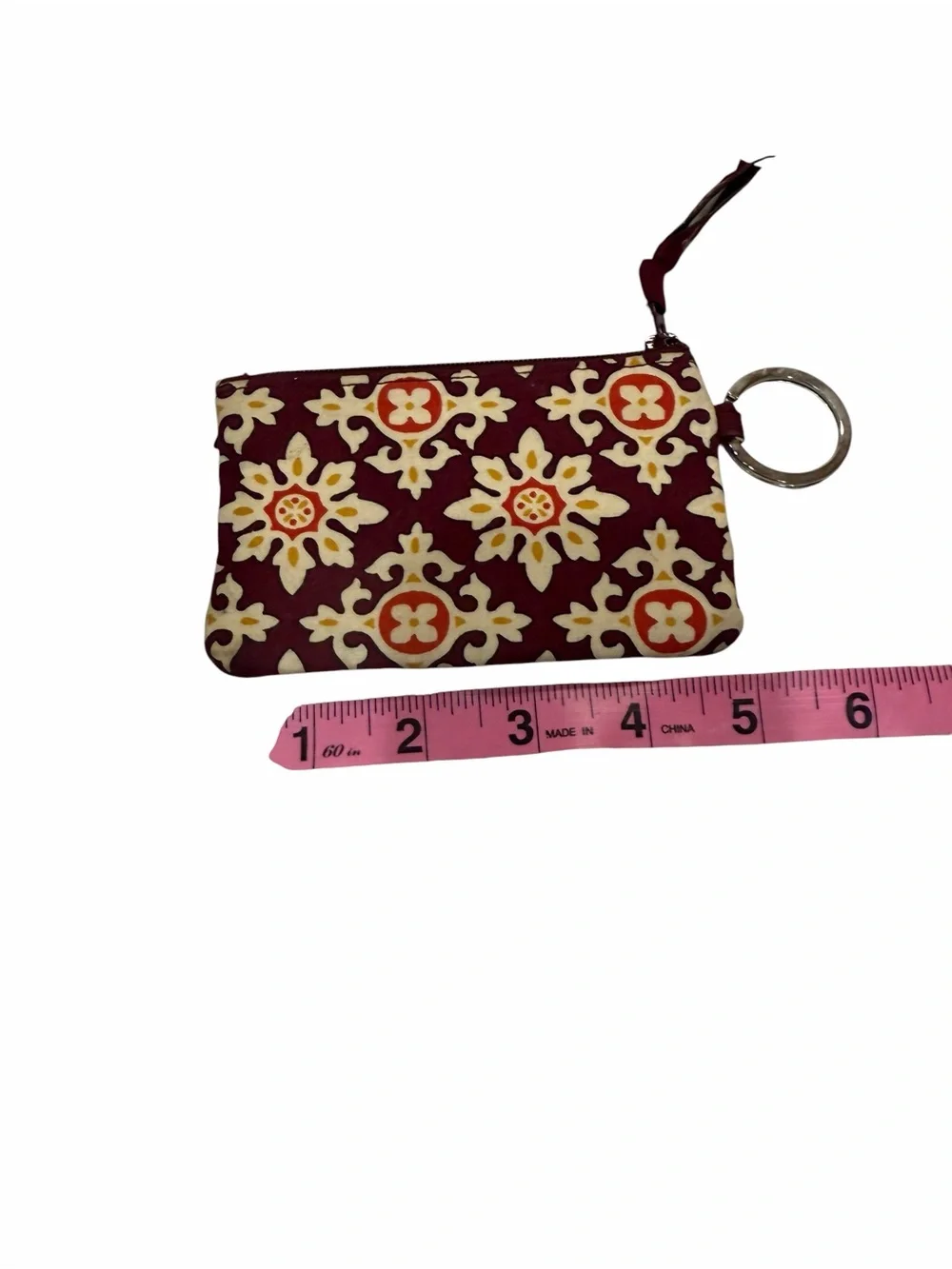 Vera Bradley Burgundy Medallion Mini Zip ID Coin Purse Wallet Keychain NWOT